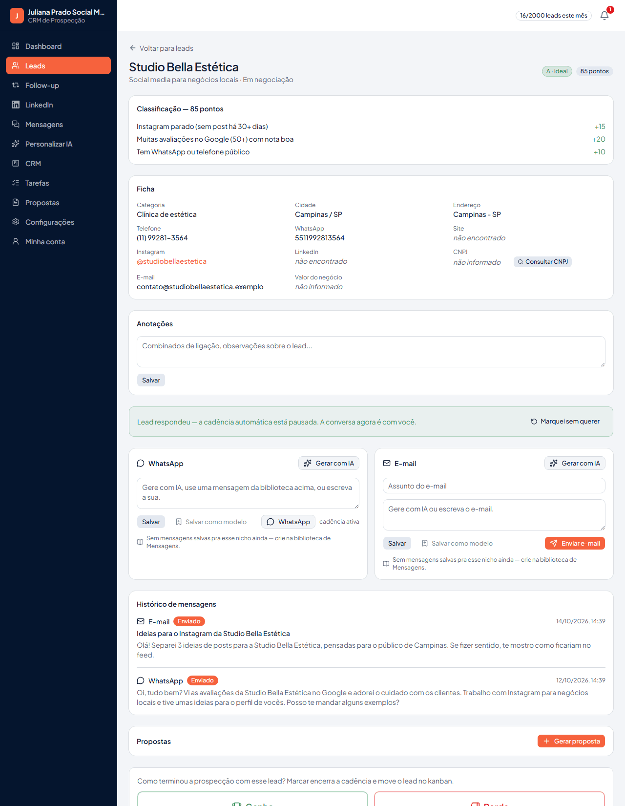 Ficha do lead com classificação, contatos e histórico de mensagens